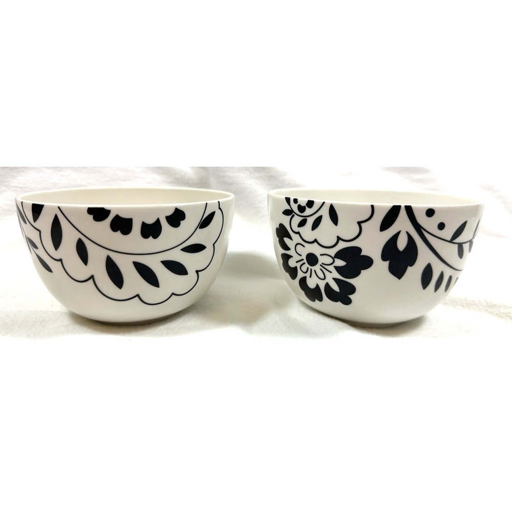 Martha Stewart Hudson Black Soup/Cereal Bowl  Stencil Flowers 5 3/8" Set Of 2